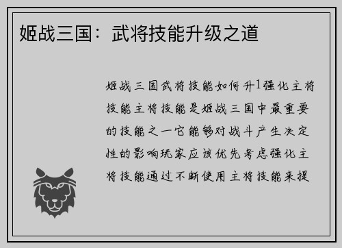 姬战三国：武将技能升级之道
